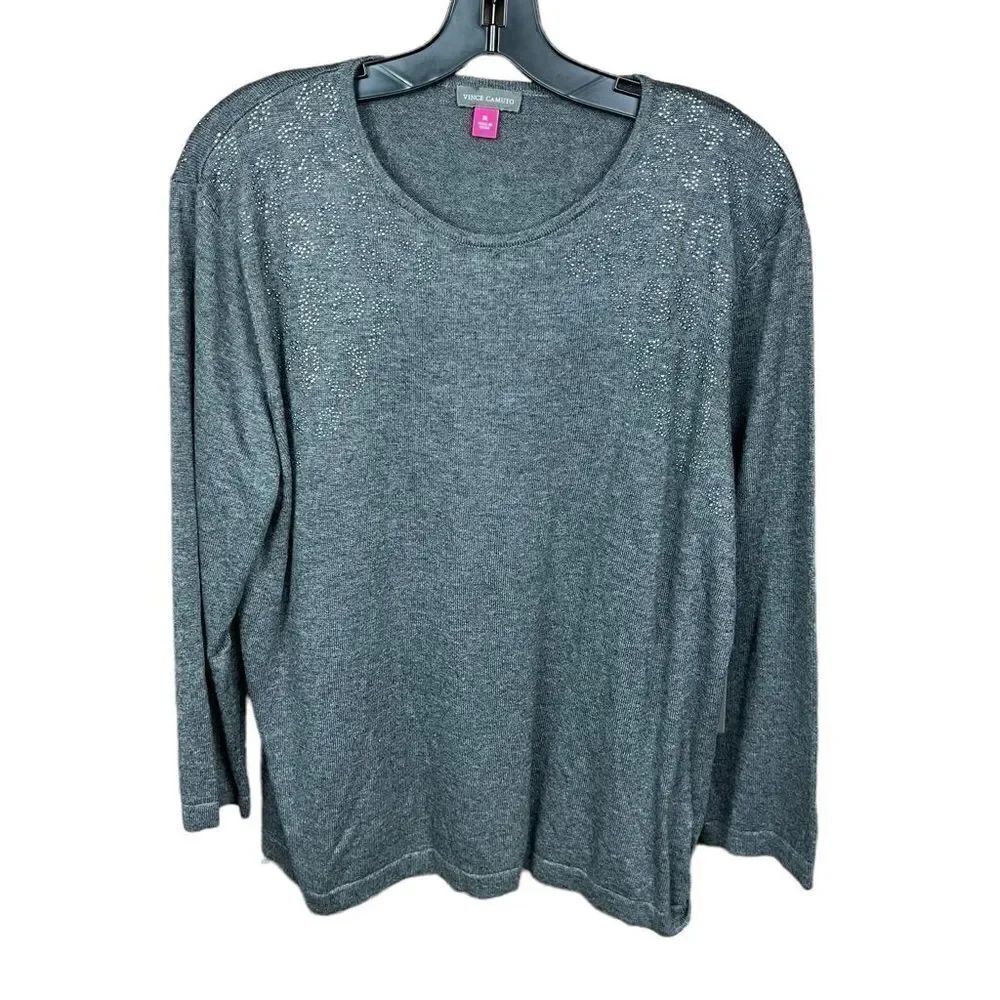 Vince Camuto Sweater Crew Neck Grey Silver Embellished Long Sleeves Women XL